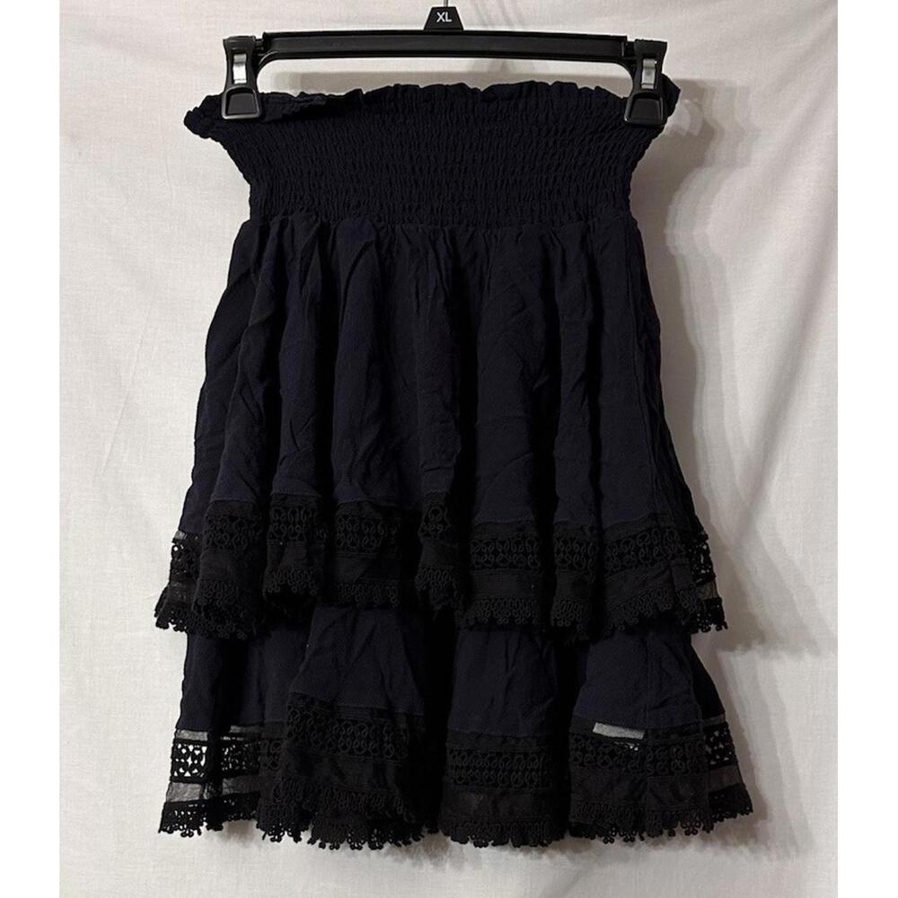 NWT Maje Womens Elastic Waist Stretch‎ Lace Layered Navy Blue Black Skirt Size 1